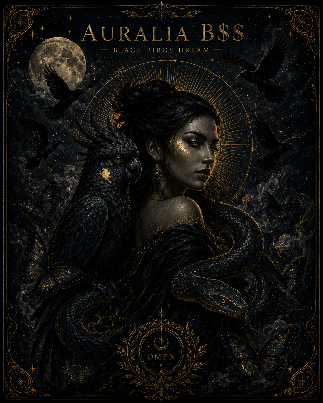 AURALIA B dollar S / BLACK BIRDS DREAM framed poster with full moon and OMEN emblem