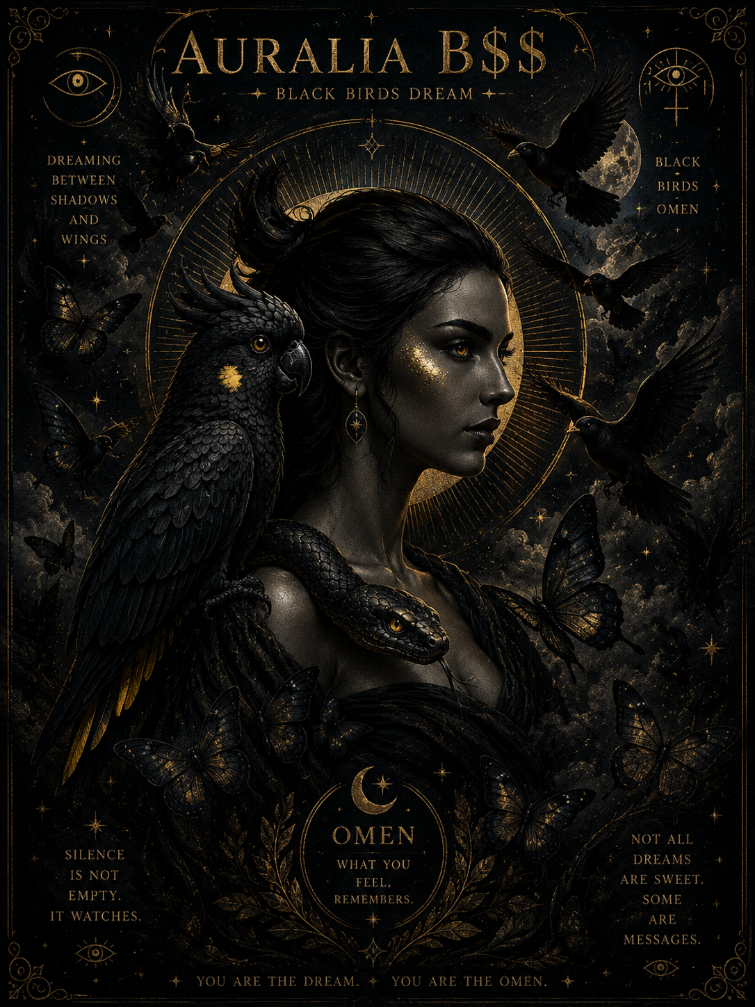 AURALIA B dollar S / BLACK BIRDS DREAM poster — text reads OMEN WHAT YOU FEEL REMEMBERS and YOU ARE THE DREAM. YOU ARE THE OMEN.