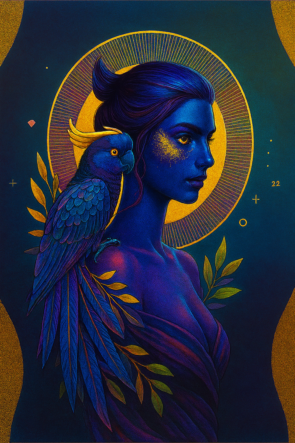 Blue and indigo portrait of Auralia with gold cockatoo and halo