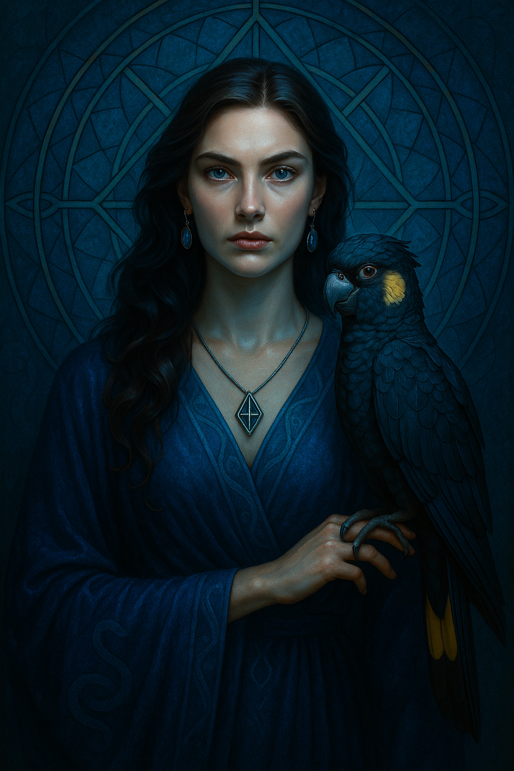 Realistic blue portrait of Auralia with black cockatoo and geometric background