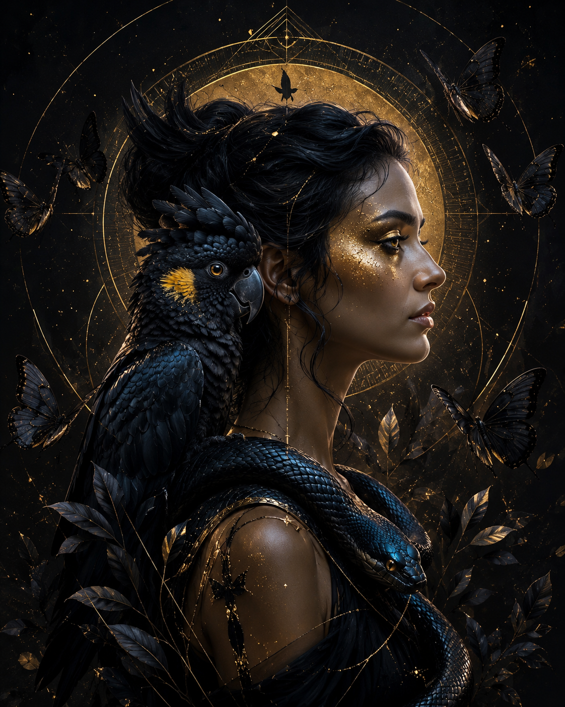 Dark portrait of Auralia with black cockatoo and snake coiled around her, surrounded by a gold halo
