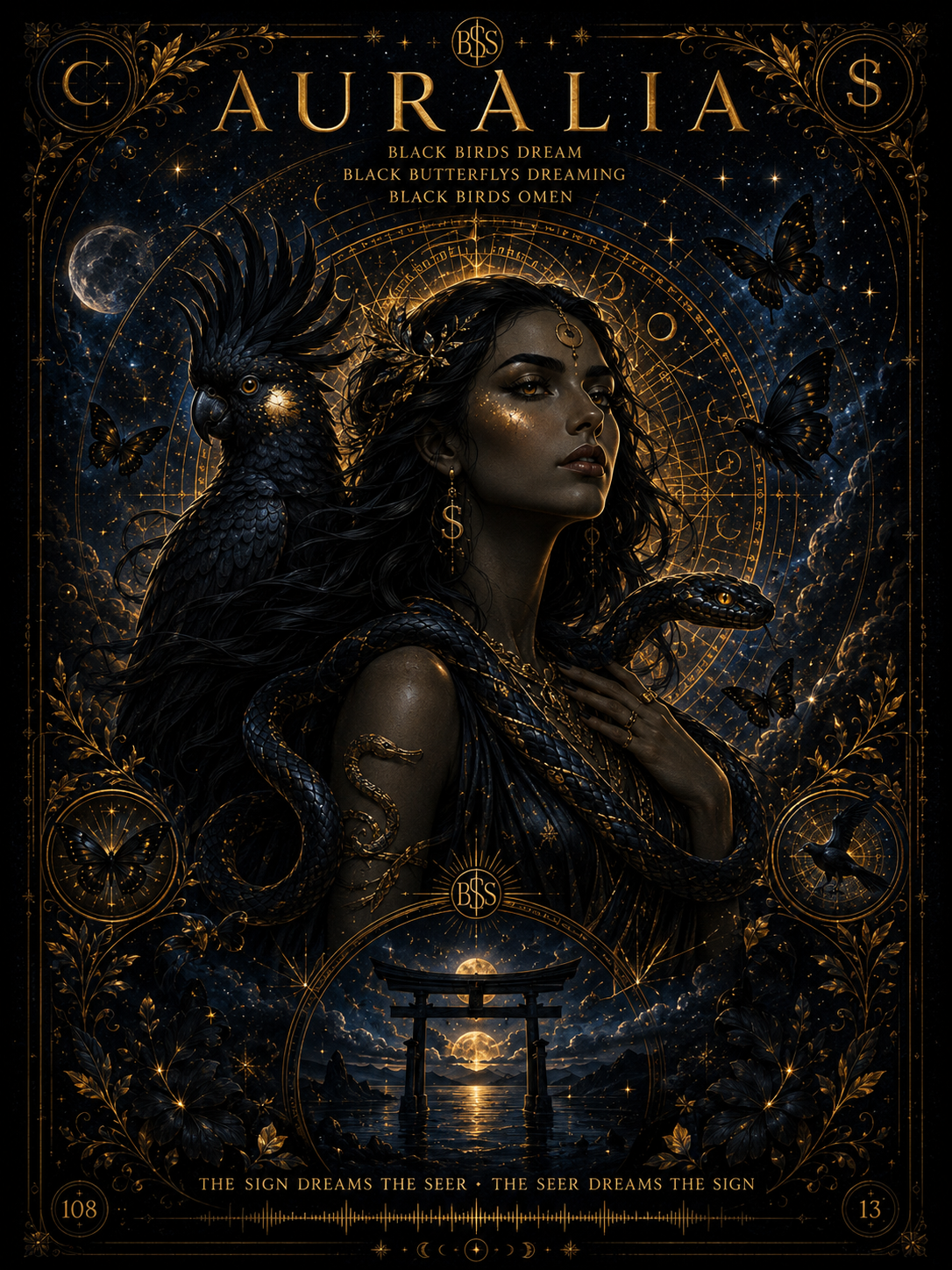 AURALIA cosmic poster with torii gate and constellation map — text reads THE SIGN DREAMS THE SEER · THE SEER DREAMS THE SIGN