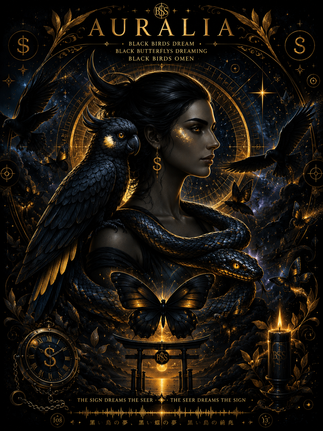 Dark AURALIA poster featuring clock, compass and torii gate symbolic elements