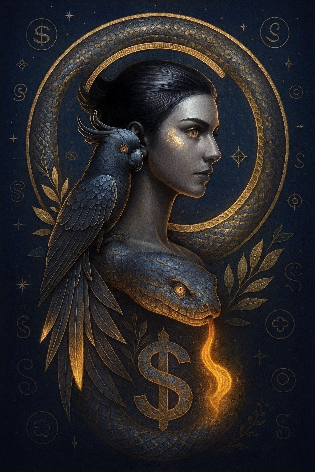 Auralia with snake forming the dollar-sign ouroboros symbol surrounded by golden fire