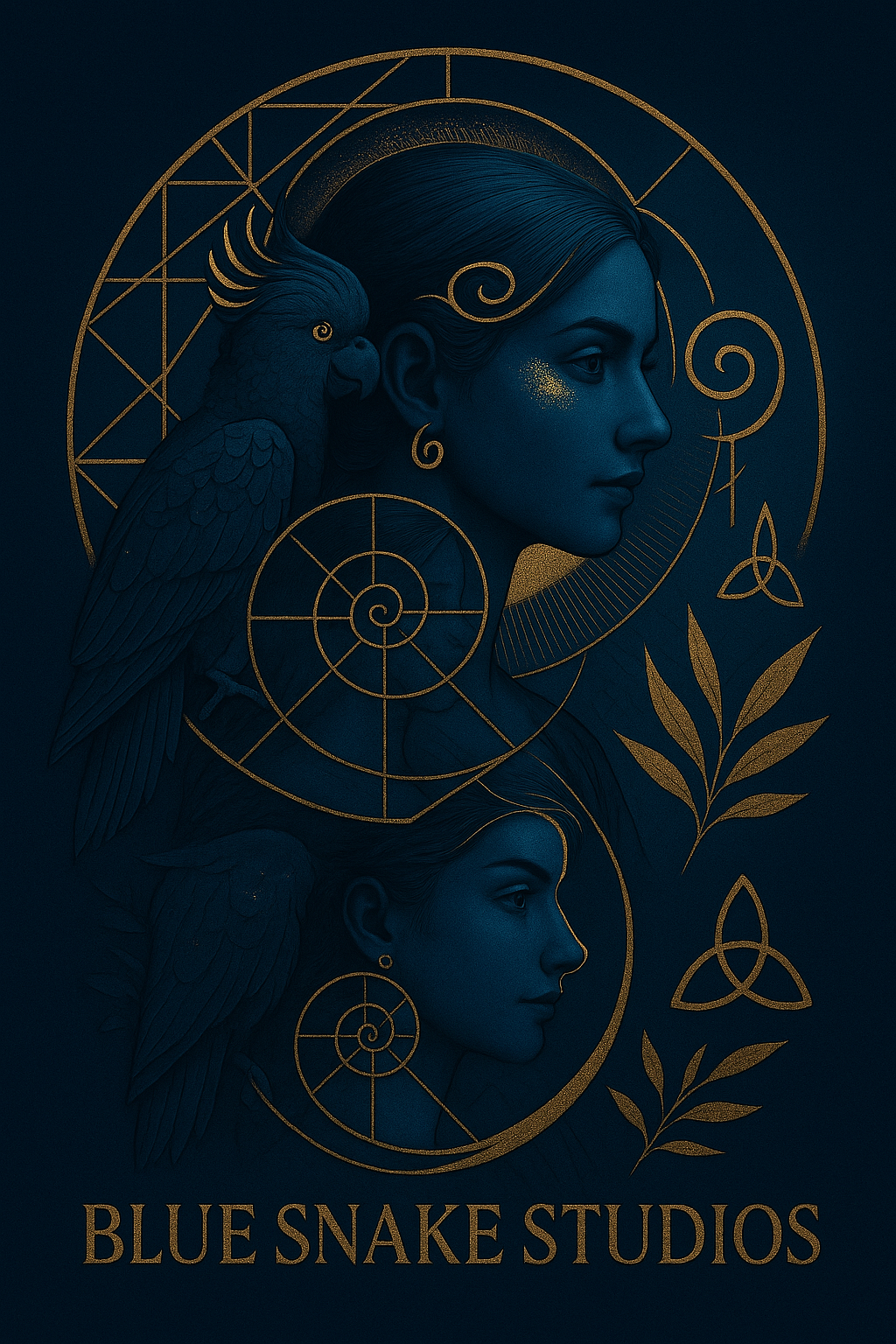 BLUE SNAKE STUDIOS branding artwork — two women in profile with gold linework, spirals and botanical elements