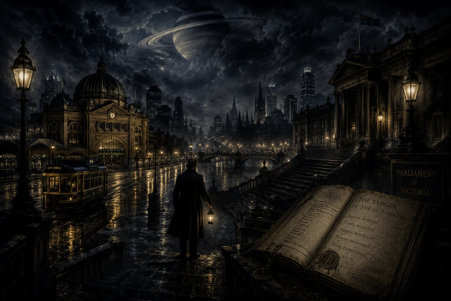 The Ledger of the Old State — civic gothic Victorian Parliament with chained ledger